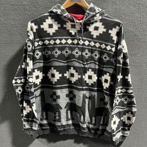 Vintage Esprit Mens Southwestern Llama Geometric Fleece Hoodie Grey Large